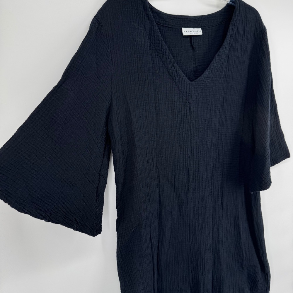 Bryn Walker Dress Womens XS Black Cotton Gauze V-Neck Bell Sleeve Midi Lagenlook